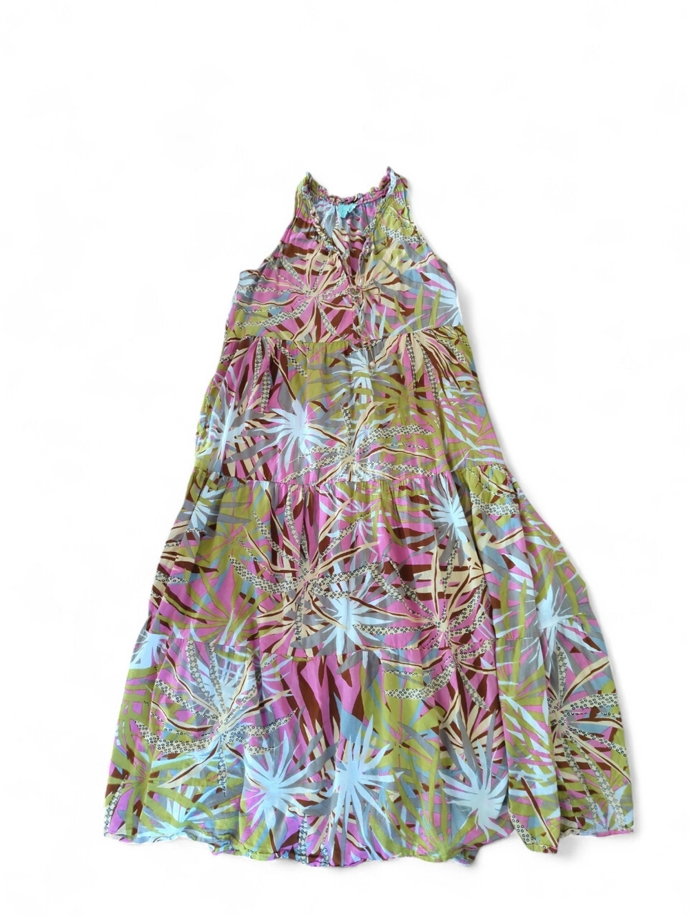 Sleeveless Pink & Yellow Tropical Floral Tiered Maxi Dress Boho Sz Halter XL - Picture 7 of 9